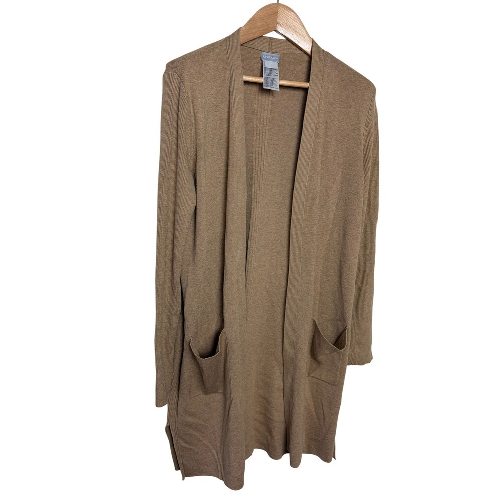 Chicos Longline Open Front Cardigan Tan‎ Brown Ribbed Cashmere Blend Size 0 S